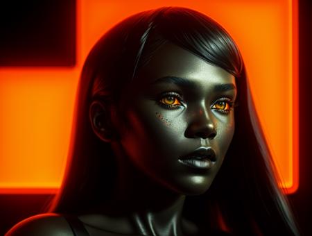 a closeup photo of a woman in a yellow dress, glowing neon vray, synthwave image, orange subsurface scattering, (deep black skin:1.3), ex machina (2014), icon for an ai app, inspired by Ruth Deckard, featured face details, bronze - skinned, eve,  <lora:abstractor_yiu_v10:0.5>