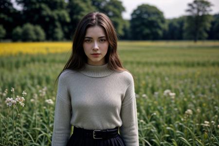 35mm film, one pretty european young woman, solo, supermodel, brown hair, long wavy hair, pale skin, slim eyebrows, no eyebags, perfect face, small nose, blue big eyes, symmetric thick red lips, big tits, nice breasts, cleavage, necklace, jewelry, blue elegant lace dress with a belt, looking at viewer, slightly smiling, a breath taking flower garden view, countryside landscape, offering panoramic views of majestic and sweeping flower blooming fields, cottage house, summer garden, summer house, natural light, full body, epiCPhoto, <lora:pytorch_lora_weights:0.5>, <lora:picxer_real:0.7>, <lora:FilmVelvia3:0.3>, <lora:more_details:0.6>
