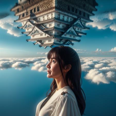 blue sky, architecture, east asian architecture, castle, floating island, airship, pagoda, above clouds, UDCS, realistic, 1girl, solo, long hair, breasts, bangs, brown hair, black hair, long sleeves, old woman,  <lora:Upside_Down_Castle_of_Binary_Planet_v1:0.8>