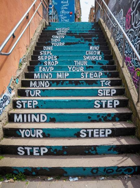 stair-art, stairs,  (Text: mind your step:1.5), <lora:stairart2:0.65>