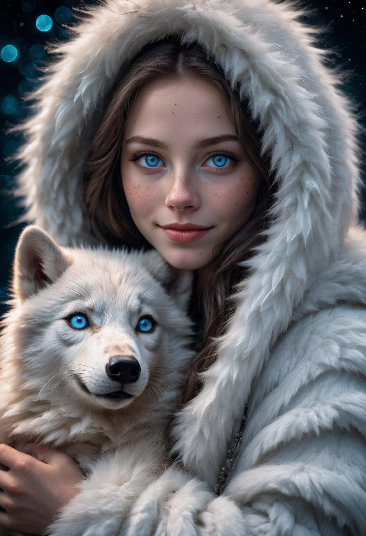 A girl with blue eyes and a white coat holding a white dog.