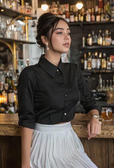 expressive eyes, (black collar shirt, open button, navel:1.5), (White long skirt:1.5),  Sitting on bar, diamond earring, pendant, (talking:1.5), full body,
 1 girl, 20 yo, solo focus, skinny, soft lips, (light eyebrow:1.4),black hair, small breasts, floating hair, in bar, (nose blush), full body