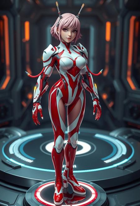 A futuristic female android with a sleek, cybernetic design, resembling a high-quality PVC figure. She has short, wavy pink hair and wears a red and white high-tech bodysuit with armored plating on the shoulders and joints. The bodysuit is form-fitting and extends into thigh-high red boots with white soles, giving a streamlined and futuristic appearance. She has mechanical cables extending from her back and wrists, tipped with glowing golden connectors. Her expression is confident and determined, and she wears a futuristic headpiece with antenna-like extensions.
She is standing on a specially designed circular electronic platform, which is engineered for wireless power transmission. The platform has a metallic, high-tech surface with glowing energy circuits, and it resembles an advanced table-like charging station. The background is a high-tech laboratory environment with dim ambient lighting, emphasizing the glowing elements of the platform.
The character is rendered in a highly realistic, high-resolution style, resembling a premium PVC figure with detailed sculpting, smooth glossy surfaces, and intricate paintwork. The lighting highlights the texture and material realism, creating a lifelike collectible figure appearance.