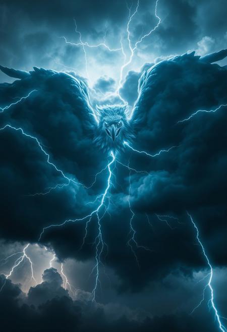 A dark, ominous cloud shaped like a majestic eagle stretches its massive wings across a stormy sky. Bolts of lightning crackle around it, illuminating the cloud’s fierce, eagle-like form with flashes of electric blue and white. Its glowing eyes peer through the darkness with a supernatural presence. The atmosphere is heavy and charged, with thunder rolling in the distance. High detail, cinematic lighting, dramatic clouds, fantasy stormscape, powerful energy in the sky.