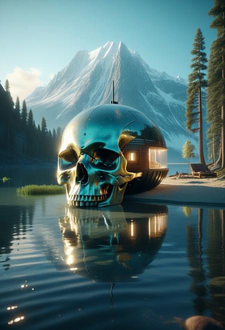 scenery of a cabin at the shore of a lake with dust particles reflecting sunlight with giant skull formed alien ship laying at the middle of the lake in the style of beeple and mike winkelmann and dan mumford, mystical colors, rim light, beautiful lighting, 8k, stunning scene, raytracing, octane, trending on artstation, cinematic, hyperrealism, octane render, cinematic light, macro, depth of field, bokeh, 8k, medium-format print, full-color print, beautiful composition, intricate details, high resolution, artstation 4k ultra hd, masterpiece, 8k, intricate, detailed, photorealistic 8k image,