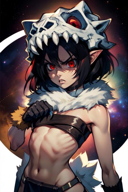 Shaman, red eyes, short black hair,  angry, upper body,  toned,  medium breasts, 
highhighs, midriff, bandeau, gloves, claws, fur trim, loincloth, animal skull with red eyes, chest straps, 
outer space, stars, 
(insanely detailed, beautiful detailed face, masterpiece, best quality) 
 <lora:shaman-10v5:0.7>