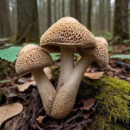 Macro shot of Wood Ear Mushroom with Morel Mushroom formation <lora:MyShroom:0.4>