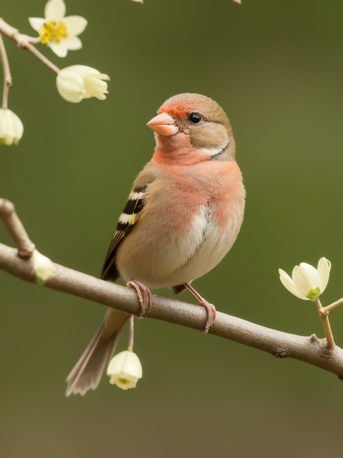 a photograph of a tiny finch on a branch with spring flowers on background