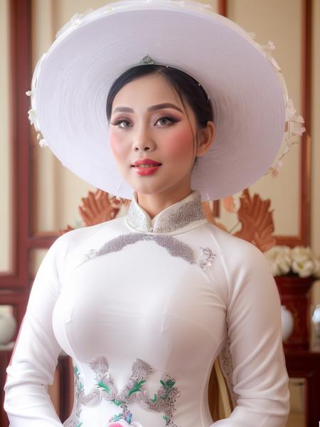 <lora:Vietnamese_disk_hat_SD15:0.8> medium closeup, d1sk_h4t, a beautiful voluptuous woman in a white ao dai, white hat, at her wedding in ho chi minh city, crowd of wedding guests