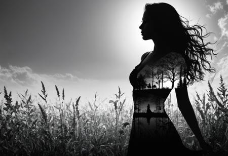 Midjourney, Midjourney style, realism, cinematic quality, Double exposure illustration of a goddess silhouette integrated with a spring field, goddess details blended into the backdrop, monochrome background in sharp focus, full color, crisp lines inspired by Jean Baptiste Monge, Thomas Kinkade, David Palumbo, Carne Griffiths, CG graphics, high quality, 8K Ultra HD, vivid colors, cinematic