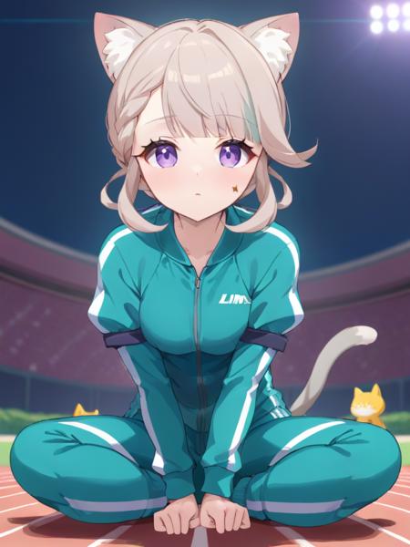 <lora:xl_linnite cat girl-000014:1>,linnite cat girl,track suit