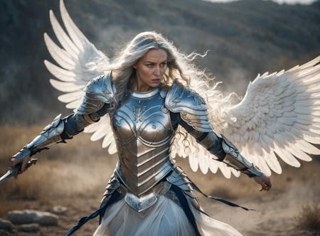 beautiful woman,(long silver hair:1.6),ornamental blue plate armor,large shoulders,(winged helmet:0.8),(angel wings:0.8),white skirt flowing in the wind,(spear:1.3),serious face,running,dynamic pose,
in a battlefield,cinematic lighting,runes,magic,mythology,