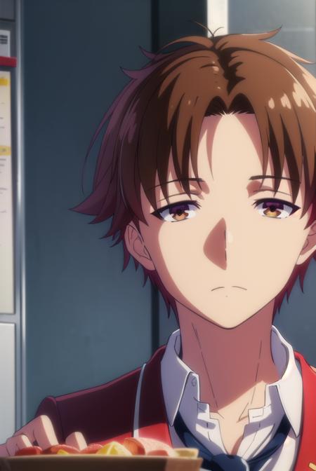 kiyotakaayanokouji, <lora:kiyotaka ayanokouji s2-lora-nochekaiser:1>,
kiyotaka ayanokouji, brown hair, (brown eyes:1.5), male focus, (parted bangs:1.5), short hair,
BREAK school uniform, jacket, necktie, blazer, blue necktie, shirt, white shirt, collared shirt, (red blazer:1.5),
BREAK indoors, classroom,
BREAK looking at viewer, (cowboy shot:1.5),
BREAK <lyco:GoodHands-beta2:1>, (masterpiece:1.2), best quality, high resolution, unity 8k wallpaper, (illustration:0.8), (beautiful detailed eyes:1.6), extremely detailed face, perfect lighting, extremely detailed CG, (perfect hands, perfect anatomy),