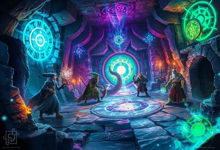 a detailed fantasy poster of the Arcane Chambers in Undermountain. Four adventurers—a human wizard casting a spell, an elf rogue examining a teleportation circle, a dwarf fighter, and a tiefling cleric—navigate a chamber filled with glowing arcane sigils, enchanted doors, and a gravity-reversed section. A spellcasting enemy lurks in shadows. Treasures like a spellbook and glowing artifact are visible. Dynamic magical lighting in blues, purples, and greens contrasts with warm torchlight. Floating motes and arcane patterns add depth. Halaster’s glyph is subtly hidden. Style: realistic with fantasy flair.