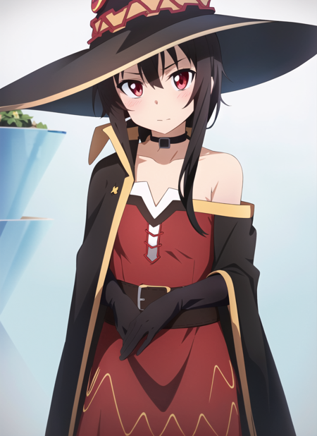 sao anime style <lora:sao_anime_style_offset:1>, megumin, 1girl, bare shoulders, black cape, black gloves, black hair, blush, cape, choker, collarbone, dress, hair between eyes, hat, long sleeves, looking at viewer, medium hair, off-shoulder dress, off shoulder, red dress, red eyes, sidelocks, solo, witch hat, ((masterpiece))