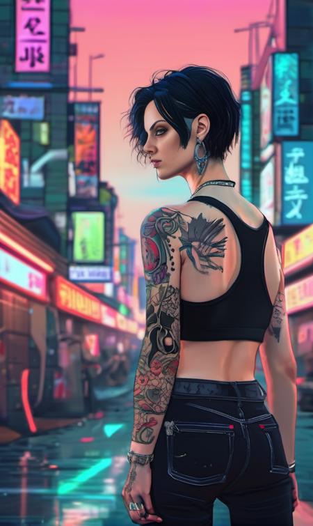 <lora:wallis_day_xl_lora_33:1> wallis day woman, anime artwork A photo of a punk-inspired, edgy-looking young woman with a slender frame, black hair, wearing dystopic fashion, lowrise pants, a revealing crop top, showing off her midriff and adorned with intricate tattoos, captured in a neon-lit Neotokyo suburb. . anime style, key visual, vibrant, studio anime, highly detailed