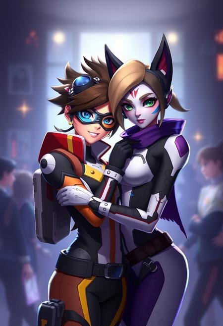 Tracer from Overwatch and Jinx from League of Legends holding each other whilst staring at the viewer