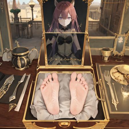 pov,feetbox,soles,red hair,glowing,purple eyes,anime face,box,((girl's picture)),in Display frame,
,no body,only head
,(beautiful eyes, extremely detailed eyes, clear pupils), eyes on viewer
,outdoors, cafe, french windows, baroque architecture, baroque street, palace, sky, river, lamppost, garden parasol
, table, sofa
,(masterpiece, perfect quality, ultra detailed, absurdres:1.2), (3D:0.6), realistic, cinematic lighting,