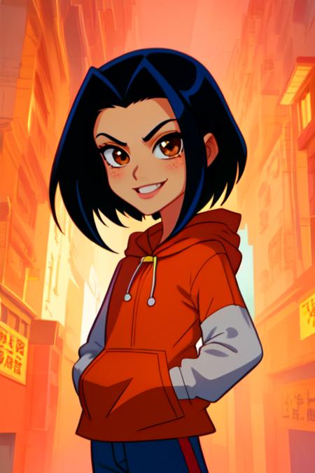 Jade, short black hair, brown eyes, hands in pockets, upper body, smiling, 
JaOran, orange short sleeved hoodie, white long sleeves, hood down, sneakers , blue pants,
 cartoon Hong Kong, morning, 
 (insanely detailed, beautiful detailed face, masterpiece, best quality) cinematic lighting, anime, 
 <lora:Jade-10v2:0.8>