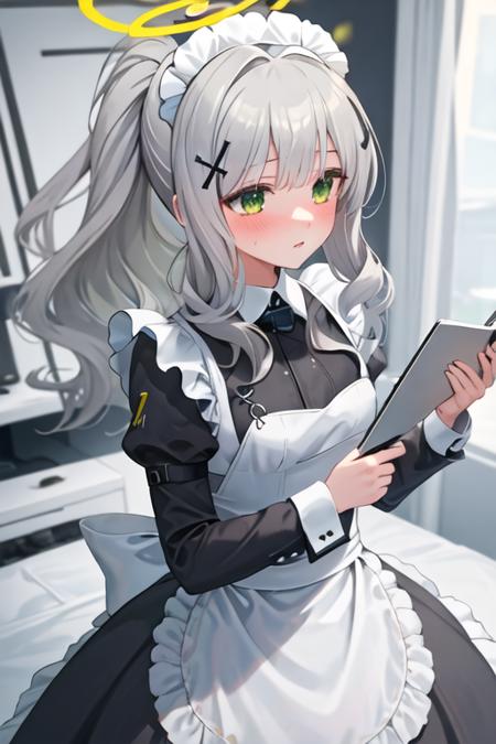 best quality, masterpiece, highres, solo, {maid:1.40}, {long maid dress:1.15}, {hare_bluearchive:1.15}, hair_ornament, bangs, green_eyes, halo, blush, long_hair, grey_hair, ponytail, hoodie, white_hair