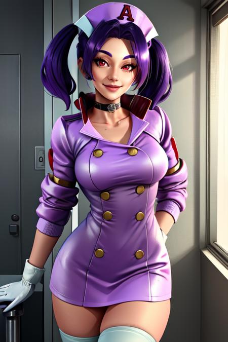 Alice,twintails,red eyes,purple hair,  smirk, 
white gloves, pink jacket, nurse cap with letter A,white thighhighs, 
choker,white, cropped jacket,jacket,gloves,skirt,
upper body, smile,  standing, 
hospital room.
(insanely detailed, beautiful detailed face, masterpiece, best quality) <lora:AliceBR2:0.7>