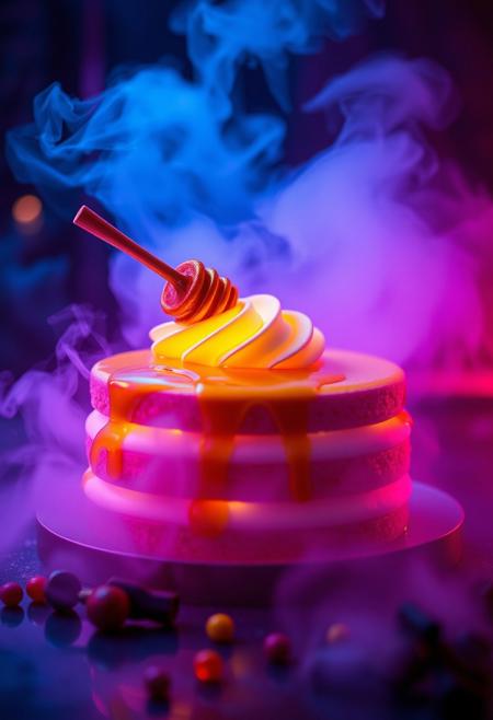 ultra realistic ,Honey and creamy cake with neon lights and volumetric fog