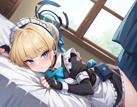 toki, blonde hair, blue eyes, hair bun, short hair, halo, apron, belt pouch, black dress, black gloves, blue bow, bow, dress, elbow gloves, fingerless gloves, gloves, halo, long sleeves, maid, maid apron, maid headdress, pouch, long hair, halo, animal ears, bow, bowtie, cleavage, covered navel, detached collar, fake animal ears, hair ribbon, high heels, highleg, highleg leotard, leotard, long hair, official alternate costume, playboy bunny, rabbit ears, ribbon, strapless, strapless leotard, thighhighs, white thighhighs, white wrist cuffs, wrist cuffs,