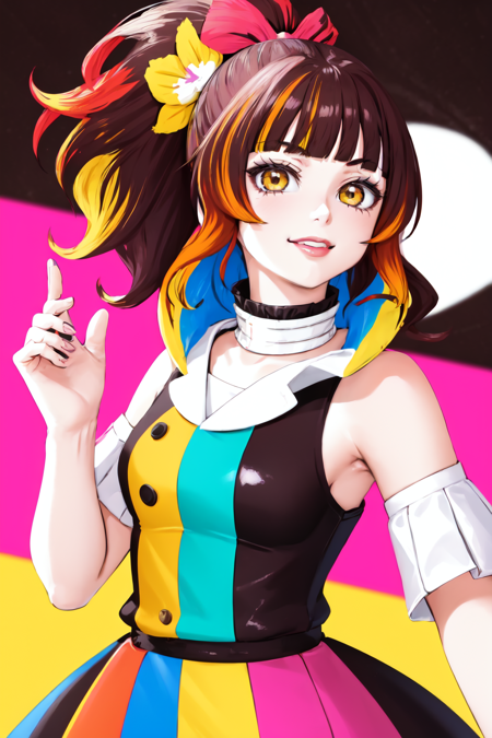 Contrast Pop Art,best quality, ultra high res, kimetsu no yaiba style,1girl, solo, looking at viewer, brown hair, brown eyes, blurry background, blurry, multicolored hair, ponytail, blonde hair, upper body, dress, flower, bare shoulders, smile, lipstick, closed mouth, anime coloring, monochrome, yellow theme <lora:Contrastv2:0.6>