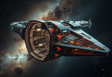hyperrealistic, spaceship, A huge starship with a cut-away view showing cockpit, pistons and led's and circuit boards and motors, galactic nebula background. sliced in half