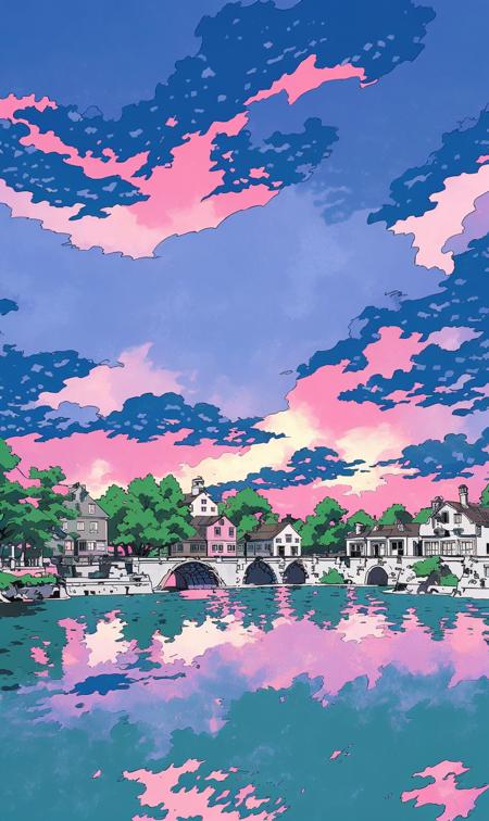 landscape, clouds, sky, outdoors, water, reflections, architecture, waterwheel, no people, stone bridge, boat, cloudy sky, sunset, architecture, reflections of water, fantasy, (illustration:1.0), masterpiece, best quality, <lora:line illustrationa_20230901192549:0.82>