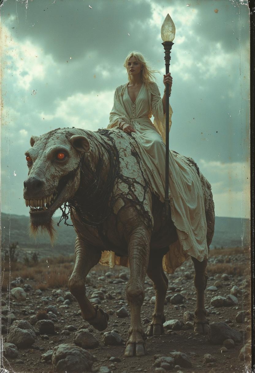  analogstyle,　A grainy, , cracked and faded with age, captures a solemn procession through a desolate wasteland. A young woman with platinum blonde hair, her face a mask of serene determination, sits astride a hulking, mutated beast. Its flesh, a patchwork of scar tissue and bone, ripples with unnatural movement as it lumbers across the barren landscape.  She is clad in tattered white robes, a symbol of faith amidst the chaos, clutching a weathered staff adorned with a single, glowing crystal.  The sky above is a swirling vortex of storm clouds, casting jagged shadows across the skeletal remains of long-dead creatures scattered across the ground.  The wind whips her hair and robes around her, a stark testament to the harsh realities of this unforgiving world. 