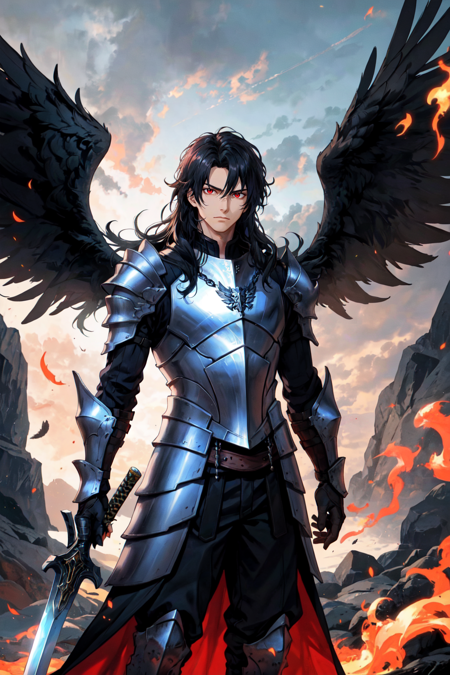 <lora:Psychogen_v2:0.5> Psychogenic Dream Style, 1boy, armor, arms at sides, black armor, black hair, black wings, closed mouth, embers, feathered wings, fire, gauntlets, holding, holding sword, holding weapon, long hair, looking at viewer, male focus, outdoors, pauldrons, red eyes, shoulder armor, solo, standing, sword, weapon, wings