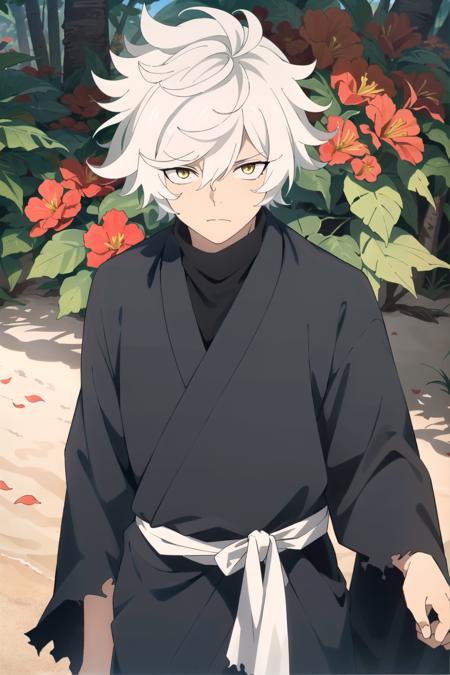 (masterpiece:1.2, best quality), Gabimaru, 1boy, male focus, solo, white hair, yellow eyes, looking at viewer, torn clothes, black robe, black shirt, white belt, closed mounth, beach, jungle, blossoms, (flowers:1.2), red flowers, standing, cinematic lighting, detailed background, complex structures, hyperdetailed sharp face, dynamic pose