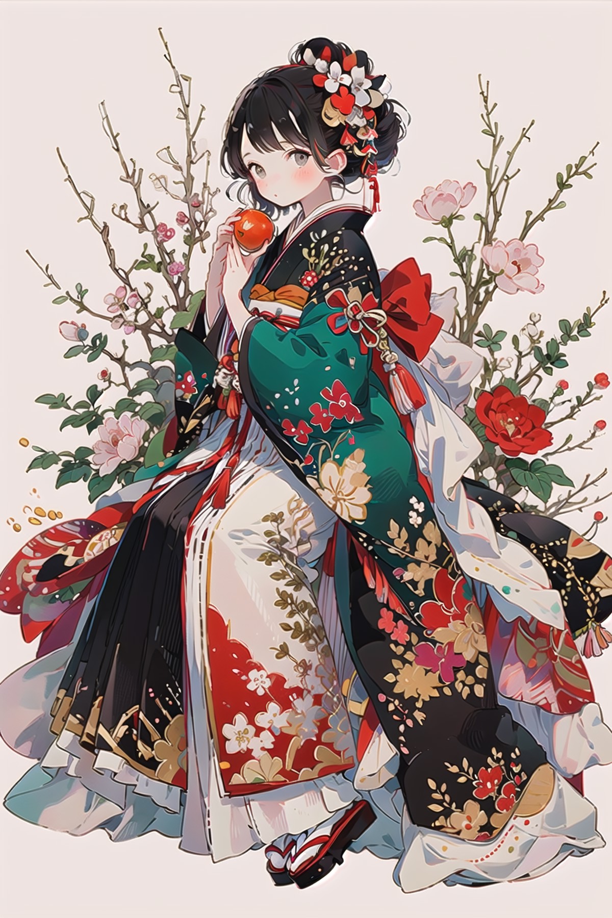 1girl, solo, fruit, japanese clothes, food, flower, kimono, hair ornament, apple, holding food, holding fruit, hair flower...
