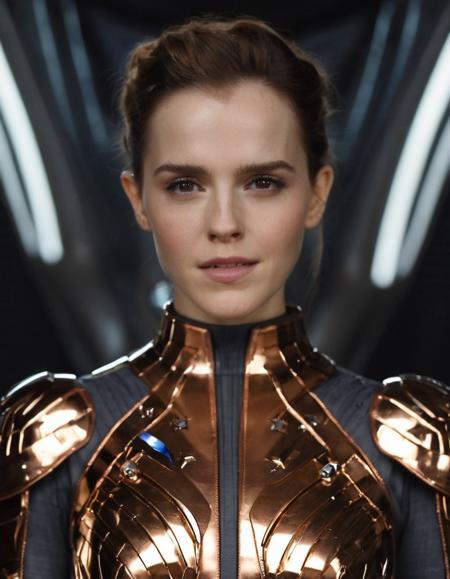 masterpiece, stunning closeup portrait photo of (ohwx woman),  futuristic shiny armor with copper trim,, skindentation, spaceship window, stars,