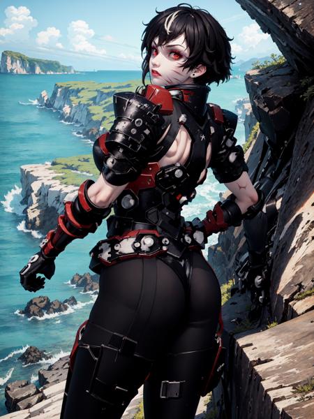 (masterpiece, best quality), outdoors, cliffside, ocean, cowboy shot, from behind, looking to the side, blybt, power armor, scar across eye, 1girl, solo, makeup, red eyes, black hair, large breasts, <lyco:BlytheSubverse_V1-Manityro:1.0>,