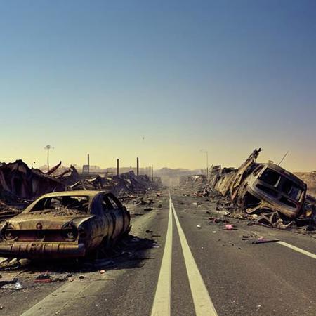 postapocalypse, (destroyed highway) (full of debris:1.5) and (car wrecks:1.5) with old rusty 404 road sign leading into canyon ending in the vast nothingness