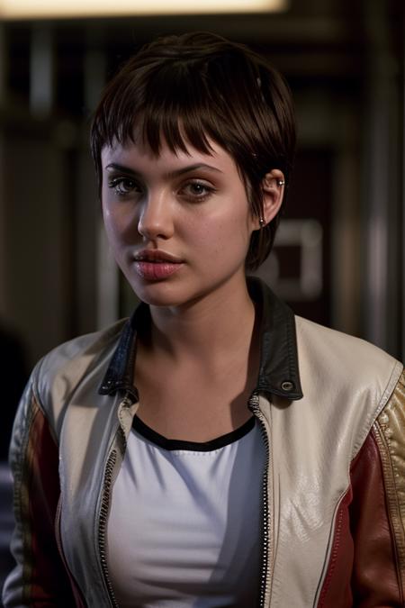 real, atmospheric scene, masterpiece, best quality, (detailed face, detail skin texture, ultra-detailed body),(cinematic light:1.1),
<lora:angelinajolie_hackers_lora_smf_01-000004:0.9>, 1girl, ang3l1na-ha3k3rs-smf, realistic, black hair, short hair, blurry, earrings, jewelry, ear piercing, solo, jacket, piercing, upper body, nose, teeth, lips, blurry background, shirt, parted lips, solo focus, depth of field, looking to the side