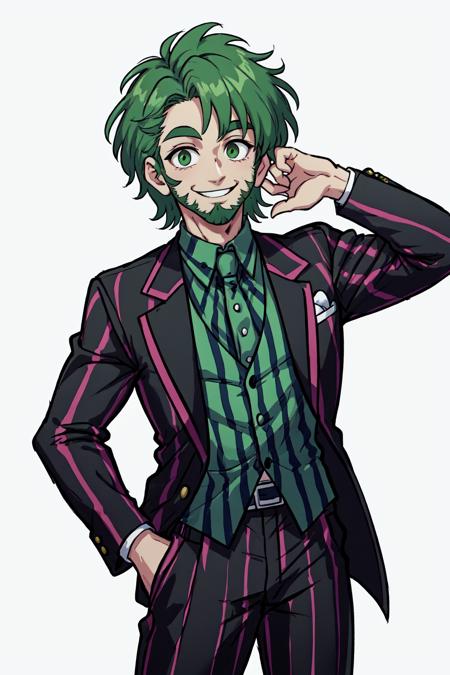 Beetlejuice Slime Tutorial,  Beetlejuice,  Alex Brightman,  1boy,  green hair,  facial hair,  formal,  male focus,  pants,  smile,  solo,  striped,  striped shirt,  suit, <lora:EMS-49369-EMS:0.600000>