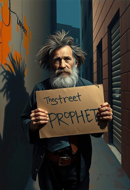 The Street Prophet ,  homeless man with piercing eyes, wild unkempt beard, holding a cardboard sign with cryptic writing, dramatic celestial lighting behind him, ink-like shadows stretching unnaturally across the alleyway
geometric abstraction meets precise realism, bold vibrant colors with muted structured backgrounds, figures in elegant poised stillness, theatrical yet modern atmosphere, surreal balance of movement and stillness, fine painterly textures with rhythmic composition