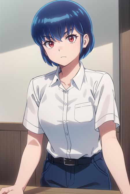 ryuunosukefujinami, <lora:ryuunosuke fujinami s1-lora-nochekaiser:1>,
ryuunosuke fujinami, short hair, blue hair, (red eyes:1.2), 
BREAK shirt, school uniform, (white shirt:1.5), short sleeves, collared shirt, belt, pants,
BREAK indoors, classroom,
BREAK looking at viewer, (cowboy shot:1.5),
BREAK <lyco:GoodHands-beta2:1>, (masterpiece:1.2), best quality, high resolution, unity 8k wallpaper, (illustration:0.8), (beautiful detailed eyes:1.6), extremely detailed face, perfect lighting, extremely detailed CG, (perfect hands, perfect anatomy),