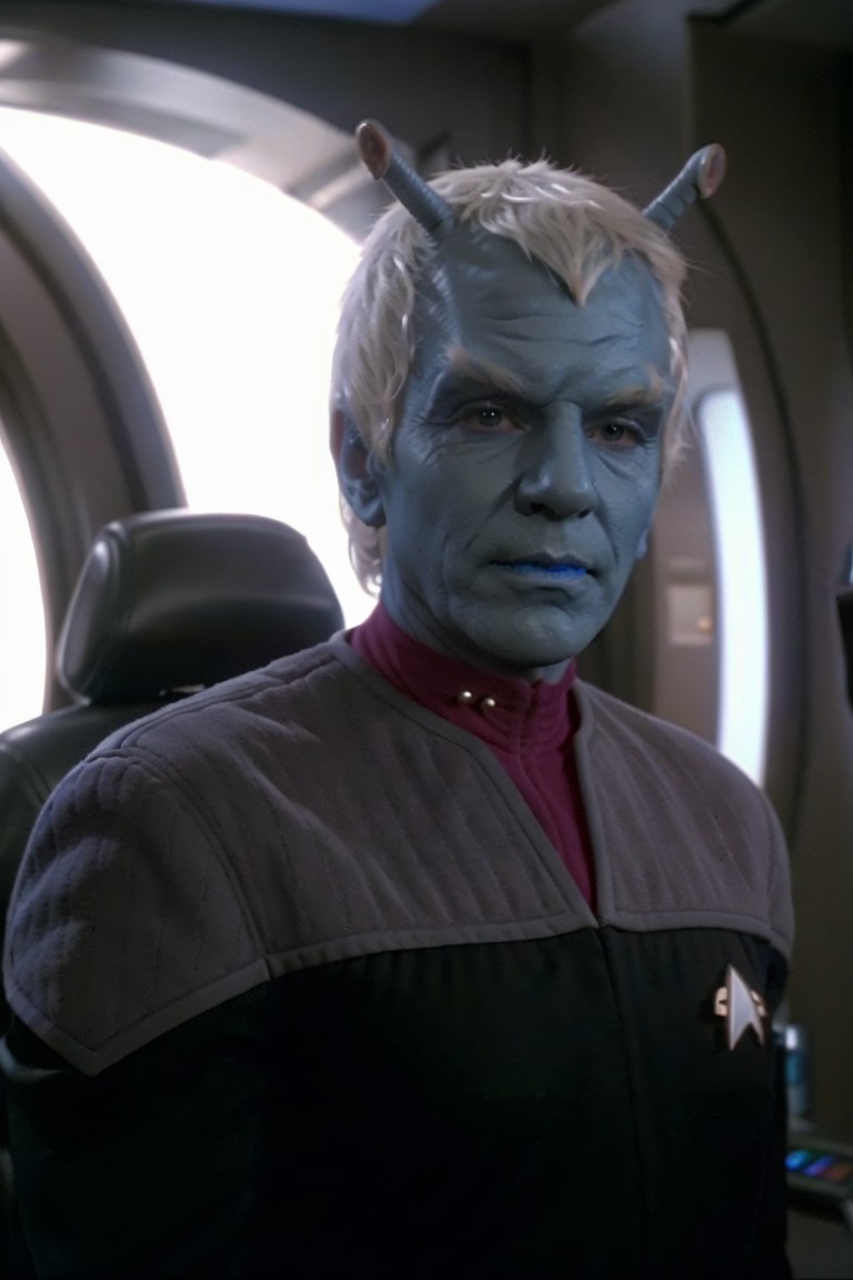 andorian man, white hair, white eyebrows, blue skin, antennae, wearing ds9st uniform, red collar, scifi starship interior,...