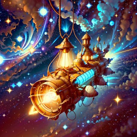 <lora:GasLampFantasyAI:.9> GasLampFantasyAI spaceship in space, stars