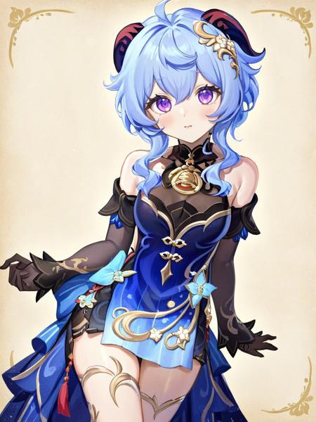 ganyu is a girl with light blue hair purple eyes and horns,She is wearing the "xuanyuyaofang" outfit which includes blue china dress and black black sleeves