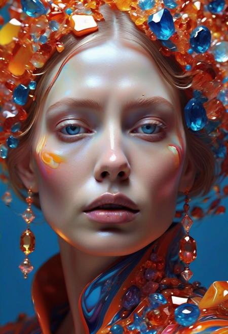 Artistic style reminiscent of Anna Ancher, Gemstone-faced beauty in close proximity, Face composed entirely from precious gems, Dynamic motion lines accentuating expression and form, Color bursts reflecting vivid hues, Poster aesthetic with high contrast and sharp focus, James Jean's fluid linework blended seamlessly, Extremely detailed, Radiant gemstone complexion shimmering under soft ambient light, DeviantArt