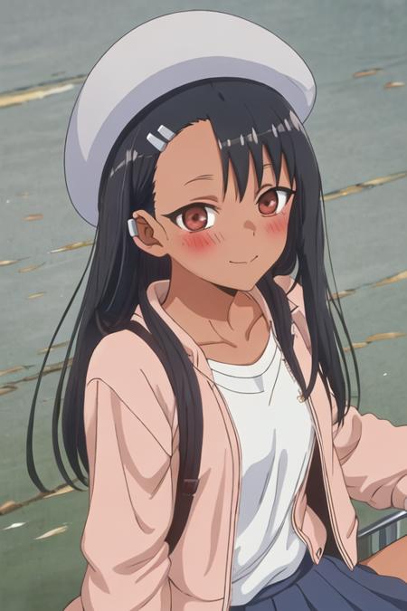 best quality, masterpiece, highres, solo, {nagatoro_hayase_donttoywithmemissnagatoro:1.15}, black_hair, long_hair, dark-skinned_female, dark_skin, brown_eyes, hairclip, hair_ornament, blush, bangs, smile, 1girl, portrait, shirt, closed_mouth, looking_at_viewer, collarbone