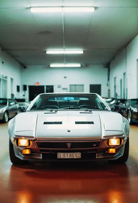 analog film photo (Sportscar gleaming silver DeTomaso Pantera, symmetrical front view, indoors), white neon lights, (stylish, film grain:1.3) . faded film, desaturated, 35mm photo, grainy, vignette, vintage, Kodachrome, Lomography, stained, highly detailed, found footage
