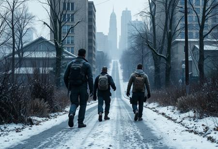 Dayz survivor group of 4 walking down road into a city with snow