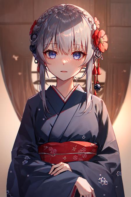 japanese_clothes, kimono, 1girl, solo, looking_at_viewer, white_kimono, floral_print, hair_bun, upper_body, blush, sash, eyebrows_visible_through_hair, blue_kimono, yukata, obi, wide_sleeves, bangs, print_kimono, hair_flower, long_sleeves, blue_eyes, hair_ornament, closed_mouth, breasts, silver_hair, double_bun, bow, flower, hair_between_eyes, short_hair, back_bow, hair_up, braid, grey_eyes <lora:style_Rella:1>