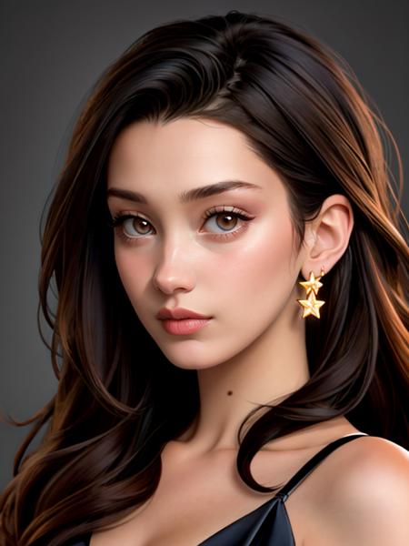 Realistic photo of a beautiful b3ll1h woman, 1girl,solo,long hair,looking at viewer,black hair,dress,bare shoulders,brown eyes,jewelry,earrings,star (symbol),black dress,lips,portrait,realistic, soft lighting, professional Photography, Photorealistic, detailed, RAW, analog, sharp focus, 8k, HD, high quality, masterpiece<lora:b3ll1h:1.0>